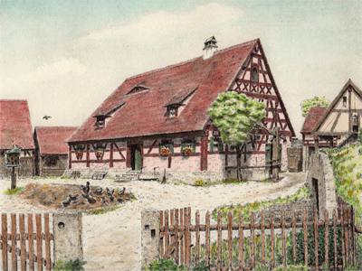 Radierung Kellermann Bauernhaus Seubersdorf