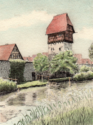 Radierung Kellermann Dinkelsbhl Buerlinsturm