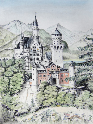 Radierung Kellermann Schloss Neuschwanstein