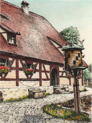 Radierung Kellermann Frnkisches Bauernhaus