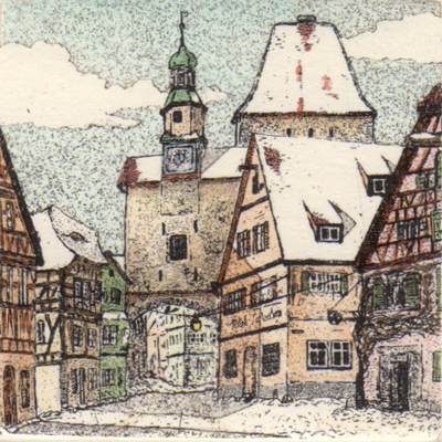 Radierung Kellermann Rothenburg Markusturm