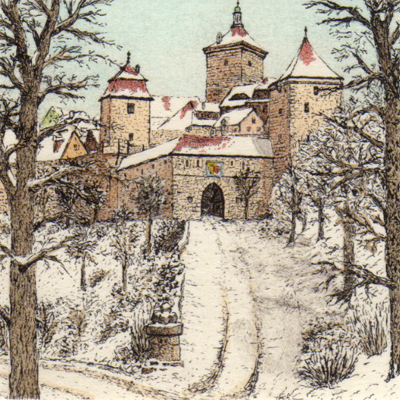 Radierung Kellermann Rothenburg Kobolzeller-Tor