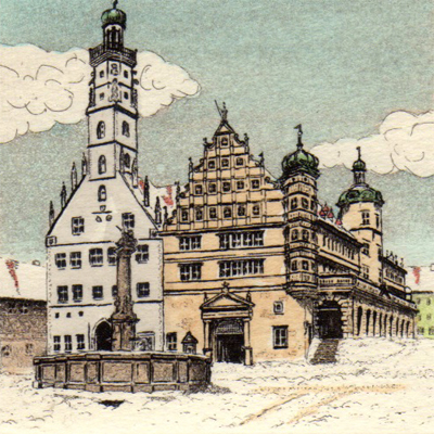 Radierung Kellermann Rothenburg Rathaus